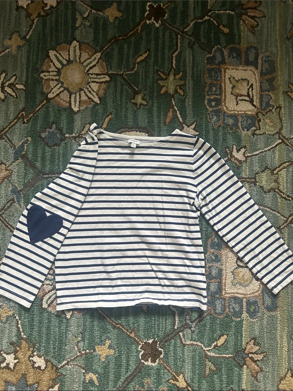 J. Crew Navy & White Striped Long-Sleeve Tee with Navy Heart Elbow Patch